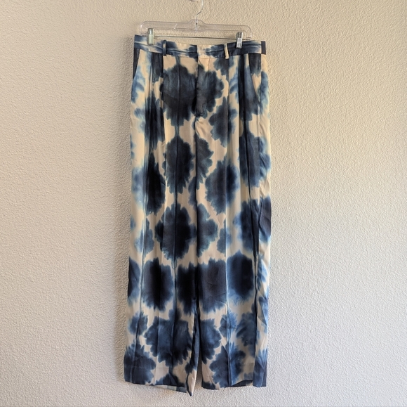 NWT Zara Blue and White Tie-Dye Satin Look Wide Leg Trousers Size Large - Picture 3 of 11